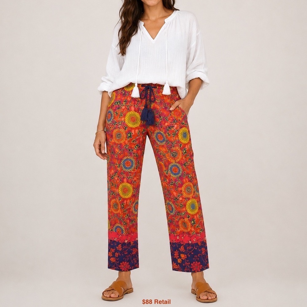 SUNDANCE Vibrant Reef Cargo Ankle Pants Size M Multicolor Boho Eclectic Maximal